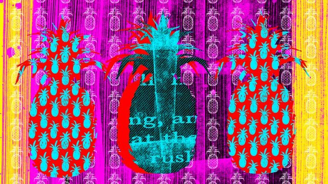 Seamless funny animation of a cartoon pineapples. Stop motion minimal halftone comic style background.