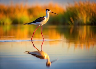 Fototapeta premium A solitary stilt wades through shallow waters of a serene wetland, its long legs reflected perfectly in the calm mirror-like surface at dawn.