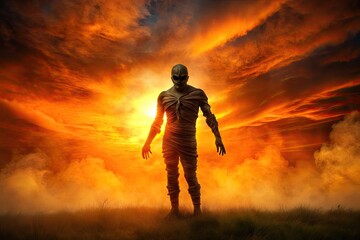 Fototapeta premium A spooky mummy silhouette stands against a vibrant orange sunset, surrounded by swirling mist, amidst a hauntingly eerie atmosphere on a dark Halloween evening.