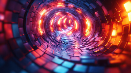 Abstract digital tunnel with glowing light.