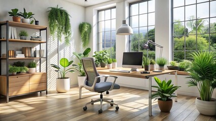 Modern workspace with a relaxed atmosphere, featuring a clutter-free desk, ergonomic chair, and potted plants, surrounded by natural light and minimalist decor.