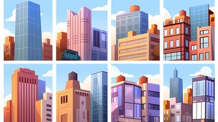 Fototapeta premium Colorful urban skyline featuring various architectural styles in a bright, sunny setting.