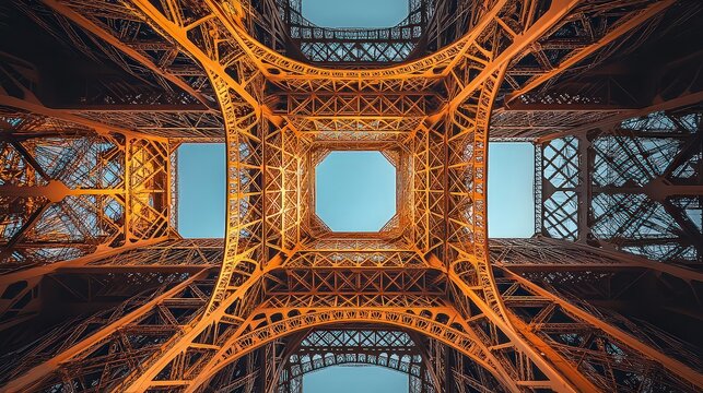  A dramatic upward view of the Eiffel Tower's intricate iron lattice structure, capturing the grandeur and architectural brilliance of this iconic Parisian landmark.