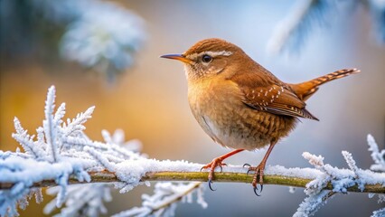 A tiny, energetic winter wren perches on a snow-covered branch, its brown plumage glistening with dew, against a blurred, frosty winter forest background.