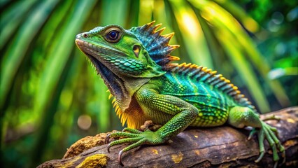 Fototapeta premium A vibrant green frilled lizard perches on a tree trunk, its elaborate frill flared, displaying a striking defense mechanism in a lush, tropical Australian rainforest setting.