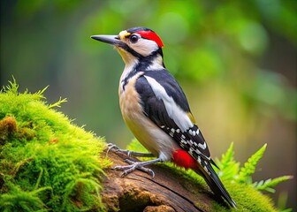 Obraz premium A vibrant great spotted woodpecker perches on a moss-covered tree trunk, its bright red cap and black-and-white feathers contrasting against the verdant forest backdrop.