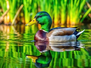 A vibrant green-headed male Mallard duck swims peacefully in a serene pond surrounded by lush greenery, reflections, and subtle ripples on a sunny day.