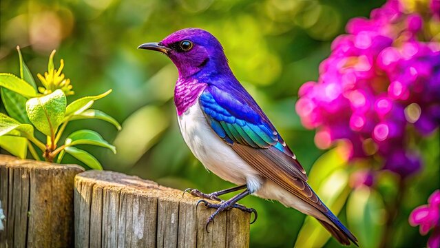 A vibrant violet-backed starling perches on a rustic wooden fence, its iridescent feathers glistening in warm sunlight, amidst lush green foliage and blooming flowers.