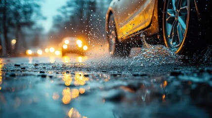  A close-up shot of a car tire splashing through a rain-soaked road at night, highlighting the challenges and excitement of driving in wet conditions.