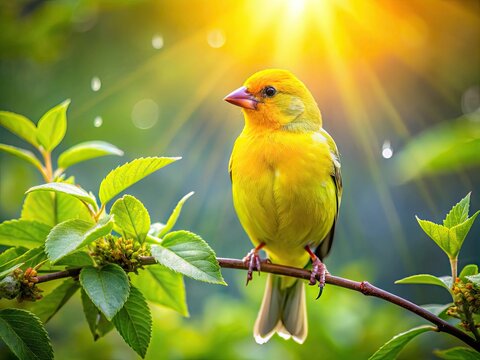 A vibrant yellow finch perches on a delicate branch, its plumage glistening in warm sunlight, surrounded by lush green foliage and subtle morning dew.