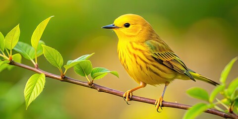 Obraz premium A Yellow Warbler Perches On A Branch With A Yellow Background And Green Leaves.