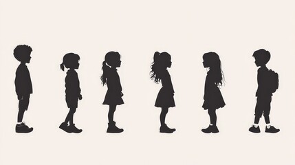  Silhouettes of six children standing in a line, capturing the simplicity and beauty of childhood in a minimalist and timeless way.