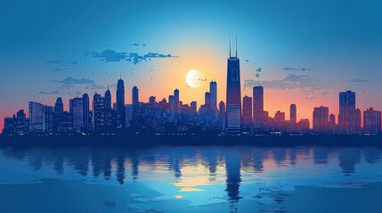 Naklejka premium A vibrant city skyline at dusk, with the sun setting behind tall buildings and reflecting on a calm body of water, portraying urban beauty and tranquility.