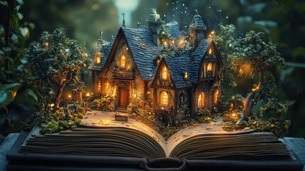 Obraz premium magical cottage illuminated with warm lights emerges from the pages of an open book, symbolizing the enchantment and wonder of storytelling and imagination.