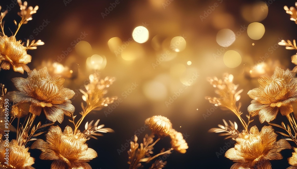 Sticker fantasy flowers plants in gold on luxury dark golden defocused background lavish card for copy space