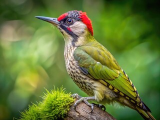 Close-Up Of A Green Woodpecker Perched On A Branch With Vibrant Green Feathers And A Distinctive Black Stripe On Its Head.