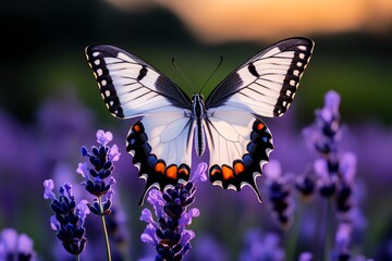 Obraz premium Butterfly in a field of lavender, captured in a photo where the soft purple hues of the flowers complement the vibrant colors of the butterflyâ€™s wings