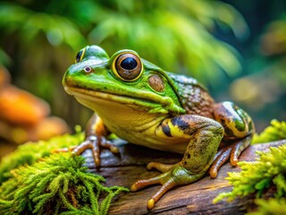 Fototapeta premium Close-up of a vibrant green bullfrog perched on a moss-covered log, its bright golden eyes and webbed feet prominently displayed in a serene aquatic environment.