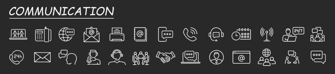 Communication icon set. Set of contact and support thin line icons. Contains icons as phone call, customer, 24 hrs, email, faq and more.