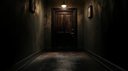 Fototapeta premium A dark, eerie hallway leading to a closed wooden door under a single dim light, evoking a sense of mystery and suspense..