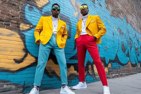 80s style street fashion with oversized blazers and shoulder pads, captured in a photo where models wear oversized blazers with exaggerated shoulder pads, paired with tight jeans and high-top