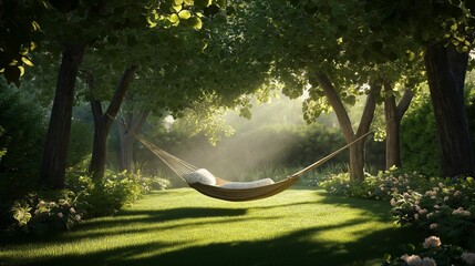 A tranquil hammock hangs between trees in a lush, sun-dappled forest garden.