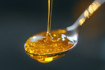 Golden honey drizzled from a spoon creating ripples, captured in a close-up shot against a dark background