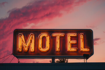 A vivid neon MOTEL sign glowing brilliantly in twilight, with a vibrant and colorful sky in the backdrop, capturing the nostalgic essence of classic roadside motels.