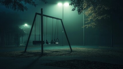 A haunting image of empty swings swaying in a foggy, dimly lit park at night, evoking a sense of loneliness and mystery.