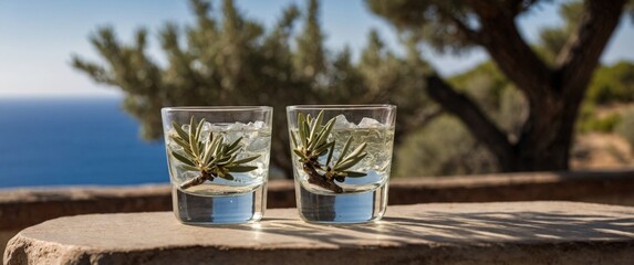 Greek Tsipouro in a Glass with Olive Trees, Feta, and Aegean Sea View