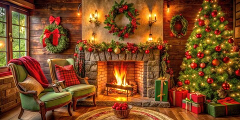 Fototapeta premium cozy Christmas fireplace decor ideas mood warm style rustic technical lighting color red and green concept festive