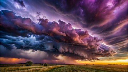 Obraz premium Ominous dark purple clouds gather on the horizon, threatening an impending storm, set against a backdrop of deep, foreboding twilight skies.