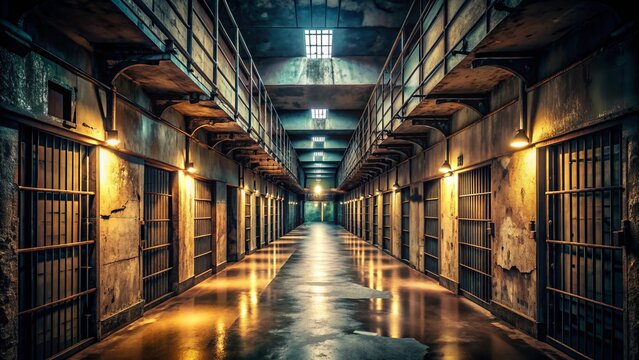 Ominous, dimly lit prison corridor with rusty cells, flickering fluorescent lights, and eerie shadows, evoking a sense of foreboding and desolate confinement.