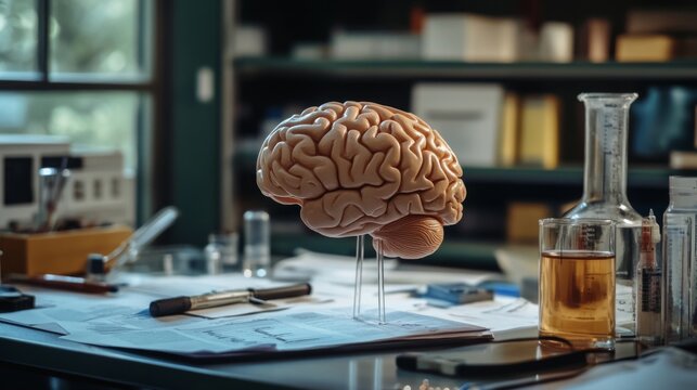 A scientific setup with a brain model on a laboratory table, surrounded by research papers and tools, representing neuroscience research and academic study.