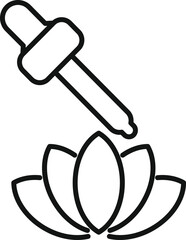 Line drawing of a pipette pouring oil on a lotus flower, representing aromatherapy and wellness