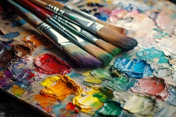 Obraz premium Colorful artist palette with brushes displaying vibrant paint at a creative workspace in the afternoon light