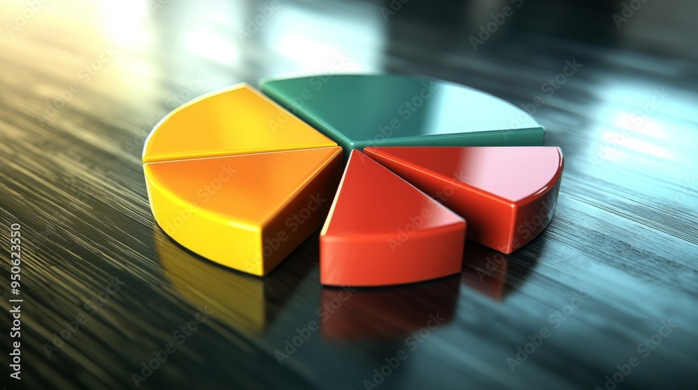 Poster a segmented 3d pie chart with depth and reflections, showcasing different business metrics in an eye