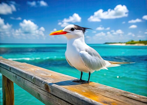 Delicate fairy tern bird with snowy white plumage, black cap, and orange beak perches on a weathered wooden pier overlooking serene turquoise ocean waters.