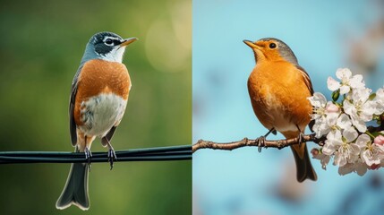 Fototapeta premium Robin Perched on Electric Wire and Blooming Tree Branch: The Impact of Urbanization on Avian Habitats and Communal Nesting Spaces