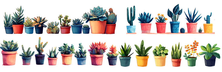 Fototapeta premium potted succulents and cacti in various shapes and sizes, showcasing vibrant pots and lush greenery. Colorful collection of 