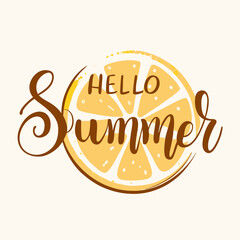 Hello Summer Vector hand drawn lettering and watermelon and orange slice Background with text message (7)