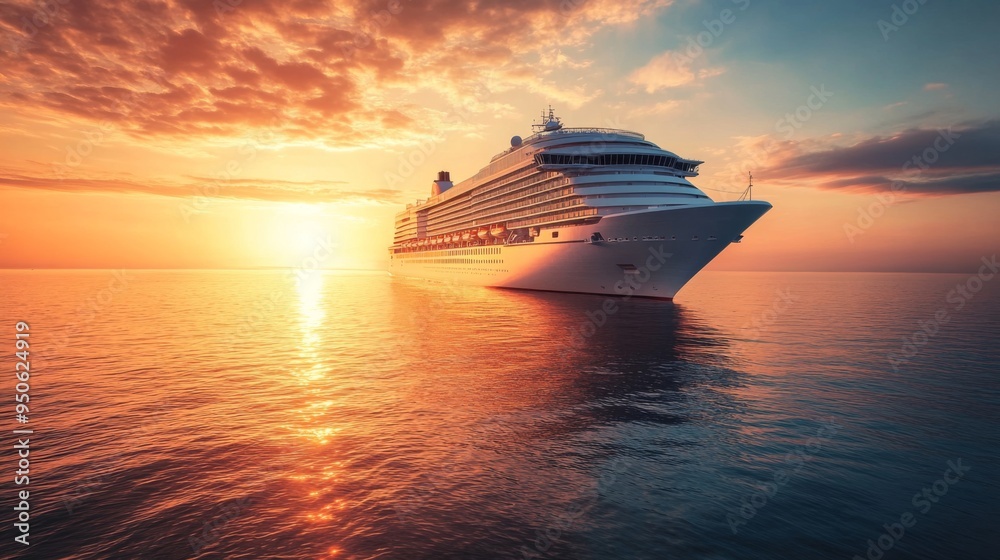 Poster a serene image of a cruise ship at sunset, with the warm glow of the setting sun reflecting off the 