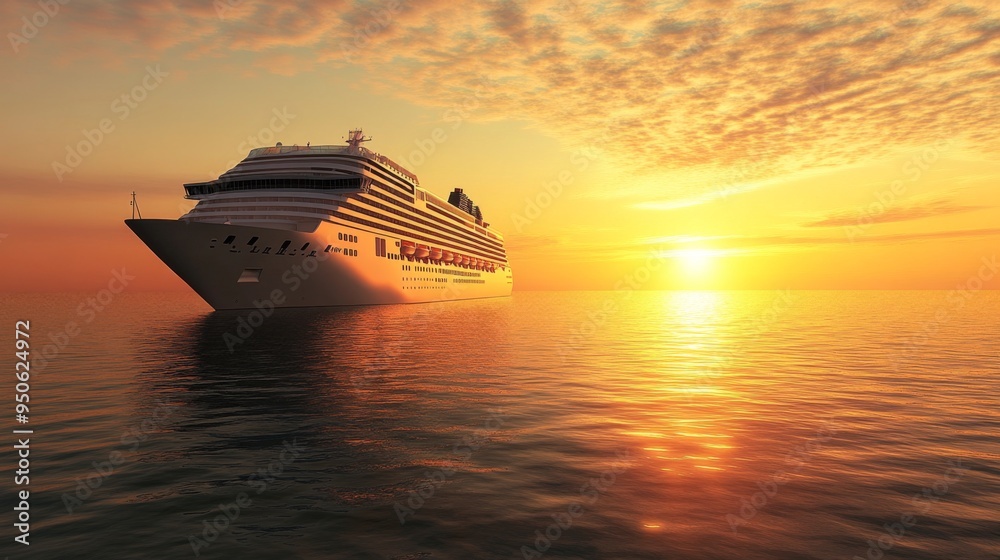 Poster a serene image of a cruise ship at sunset, with the warm glow of the setting sun reflecting off the 