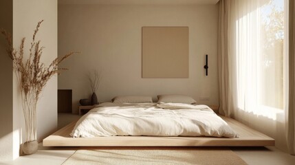 A serene minimalist bedroom featuring a low bed frame, soft neutral bedding, and a few simple decor items, with a focus on a calm and uncluttered aesthetic.