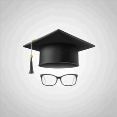 A black graduation cap and a pair of eyeglasses on a plain background