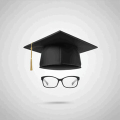 A black graduation cap and a pair of eyeglasses on a plain background