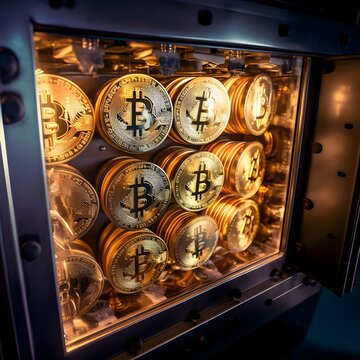 BITCOIN COINS COMING OUT OF A SAFE 2