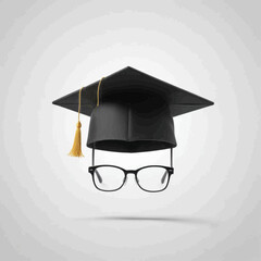 A black graduation cap and a pair of eyeglasses on a plain background