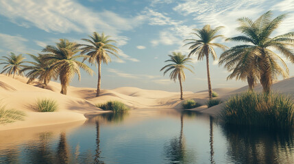 Fototapeta premium Desert oasis with palm trees.
