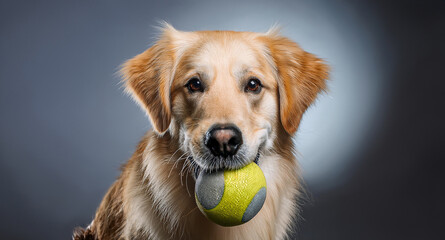 A beautiful golden dog holding a ball in its mouth, with a joyful and playful expression. The dog has a shiny, golden coat that gleams in the light, Generative AI